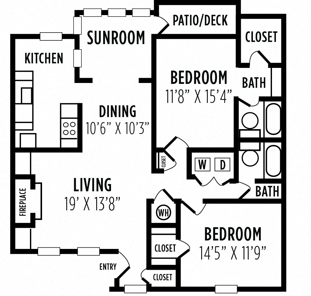 Floor plan for 2 beds, 2 baths, 1414 sqft